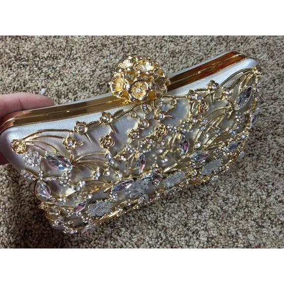 Gold Floral Crystal Metallic Top Handle Clutch Detachable Strap Women - Picture 7 of 7
